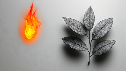 Stark contrast Vivid fire dances near an intricately detailed leaf sprig on a textured gray backdrop