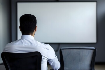 Rear view of a focused businessman in a modern office, sitting and looking at a large blank projection screen, conceptualizing future corporate strategy