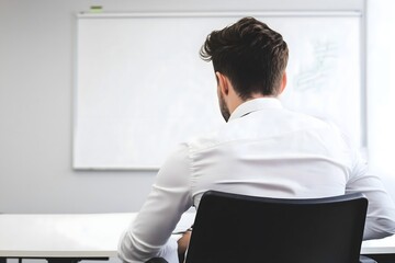 Rear view of a focused young professional man sitting in a chair, contemplating ideas in front of a white board in a corporate meeting room