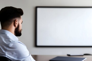 Rear view of a focused businessman in a professional setting, looking at a large blank whiteboard, ideal for corporate presentations, business mockups, and strategic planning