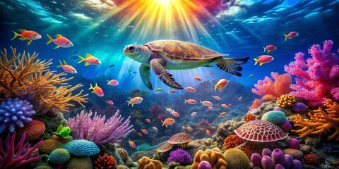 Sunlit Ocean Depths A Vibrant Reef Ecosystem with a Majestic Sea Turtle and School of Colorful Fish
