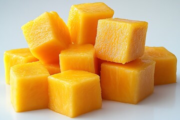 Pile of Freshly Cut Mango Cubes, Tropical Fruit Still Life, Vivid YellowOrange Hue