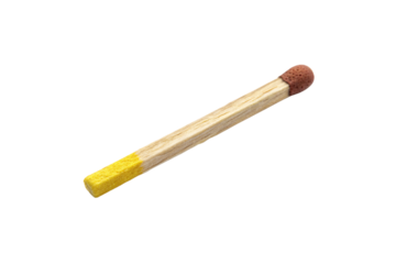 A single wooden matchstick with red head and yellow base, isolated on a transparent background