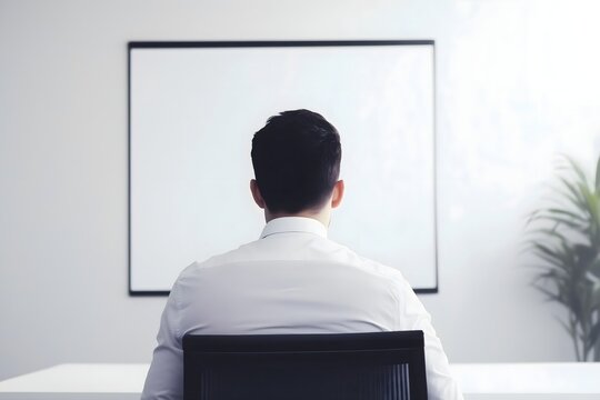 Rear view of a professional businessman in a white shirt sitting at a desk and looking at a large blank screen in a modern office