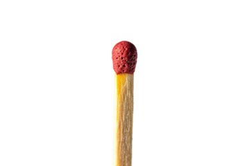 Close-up of a red-tipped wooden matchstick standing upright, rough texture and bright head detail visible, isolated on a transparent background