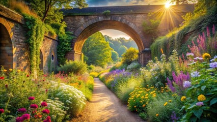 Fototapeta premium Sunlit Garden Path Under Majestic Archway, Framed by Vibrant Blossoms and Lush Greenery
