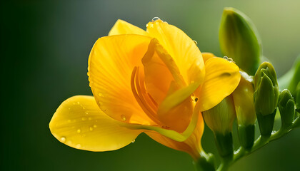 Golden Petal: A close-up view of a vibrant yellow flower, glistening with delicate water droplets, showcasing its intricate details and natural beauty, in an atmospheric setting.
