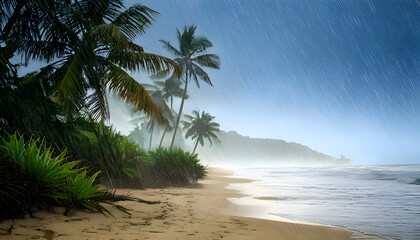 Fototapeta premium Rainy Day Beach Scene: A serene tropical beach scene, where the relentless rain showers paints a dynamic canvas.