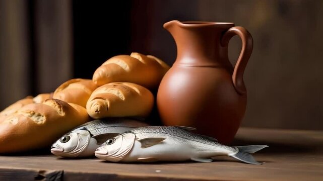 Rustic bread and fish, looking up to heaven, Jesus blessed, and brake, and gave the loaves to his disciples, and the disciples to the people