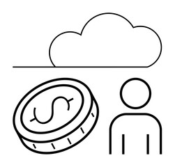 Cloud above a coin with dollar sign and user icon representing digital economy, cloud storage, fintech. Ideal for finance, cloud computing, user interface, fintech, data management, innovation