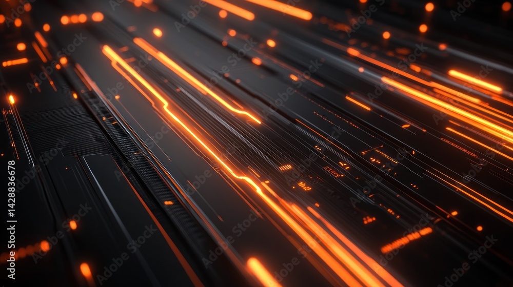 Poster illuminated pathways abstract visualization showcases dynamic orange light streams across dark metal