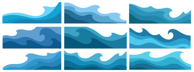 abstract vector illustration, editable clipart, isolated on white background collection of decorative ocean wave compositions in layered flat style, with curved flowing shapes and soft blue gradients