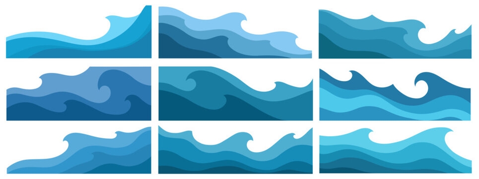abstract vector illustration, editable clipart, isolated on white background collection of decorative ocean wave compositions in layered flat style, with curved flowing shapes and soft blue gradients