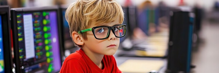 kid at computer camp learning about software and hardware