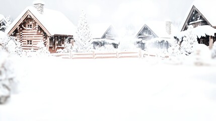 Cozy log cabins surrounded by a snowy landscape with trees in winter