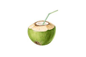 Hand-drawn young green coconut with straw, inviting refreshment and tropical vibes, perfect for beachside sips, isolated on a transparent background