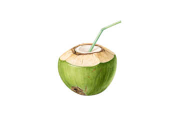 Hand-drawn young green coconut with straw, inviting refreshment and tropical vibes, perfect for beachside sips, isolated on a transparent background
