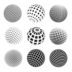 Black halftone spheres collection. Dotted wireframe 3d circles set. Grid globe element bundle. Round, square, starry, striped dotted shape pack for tech poster, banner, cover. Vector illustration