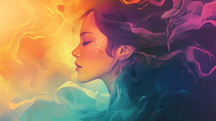 Woman with flowing hair in vibrant colors, profile view, peaceful expression.