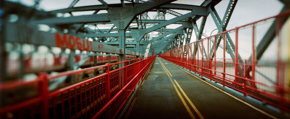 Panoramic road across a suspension bridge, Williamsburg Bridge, New York City, New York State, USA.