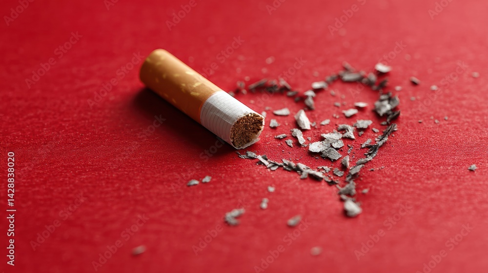 Poster cigarette stub embedded in a red heart symbolizing health destruction and addiction