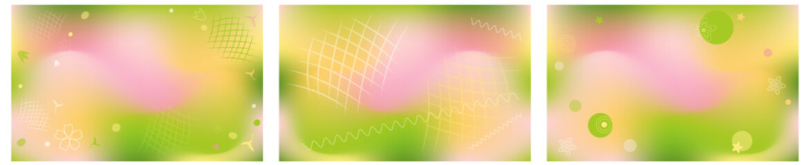 Set of bright spring backgrounds with abstract elements copy space. Vector editable gradients funny-grid. Horizontal motion blurred backgrounds. Bright green, yellow and pink colors