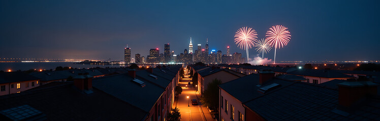 Fototapeta premium View Of City Rooftops With Labor Day Fireworks At Night Photo Style 10