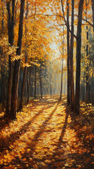 Autumn forest with golden leaves and sunlight
