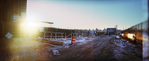 Panoramic construction site in a city, Williamsburg, Brooklyn, New York City, New York State, USA.