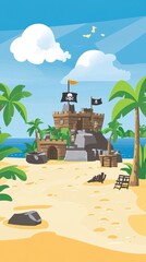 Obraz premium A pirate's wooden castle stands tall on a sandy tropical isle.