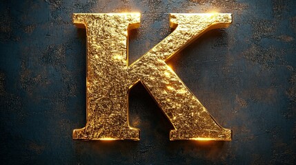 Intricate metallic gold 3D letter 'K' designed with detailed textures, ideal for luxury branding and typography 