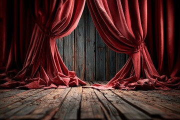 Classic concert stage with a red velvet curtain and wooden floor.