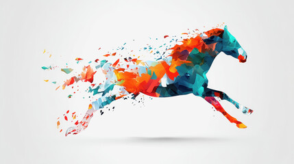 Obraz premium Colorful artistic watercolor horse composed of shapes running through a dynamic abstract environment of shapes