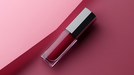 Glossy Lip Gloss Isolated on Pink and Burgundy Color Block Background Top View