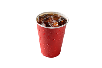 Red cup filled with soda and ice, condensation forming droplets on the outer surface, isolated on a transparent background