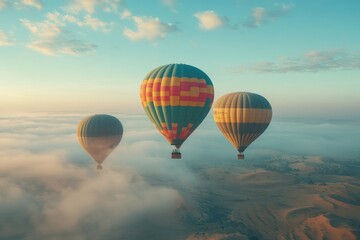 Obraz premium Aerial View of Colorful Hot Air Balloons Flying Over Desert Landscape – High-Angle Shot with Golden Dunes, Foggy Sky, and Dramatic Clouds, Sunrise Adventure, Travel Destination