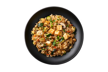 Delicious Tofu Fried Rice Vegetable Medley on Black Plate