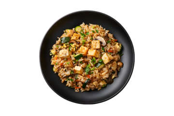 Delicious Tofu Fried Rice Vegetable Medley on Black Plate
