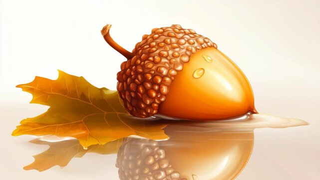 Autumn acorn resting on leaf, wet reflection