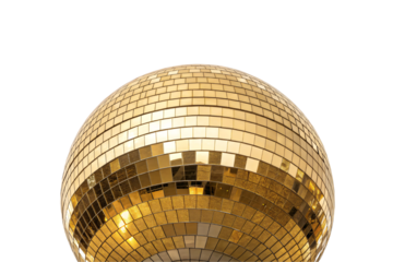 Reflective golden disco ball with square tiles, glowing with warm light and party-time energy, isolated on a transparent background