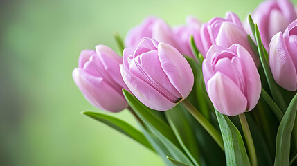Fototapeta premium Close Up Of Pink Tulips Bouquet On Green Background