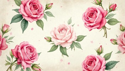 Delicate watercolor roses repeat on vintage paper texture, elegant, repeating