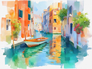Picturesque narrow street in venice with a boat gliding through the canal reflected in the calm waters nearby
