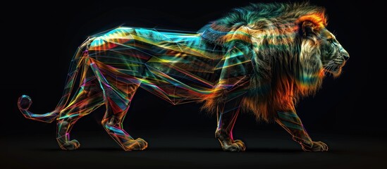 Abstract digital lion animal with rainbow neon visualization on black background. AI generated image