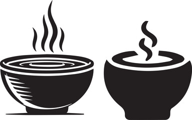 Bowl of steaming soup icons, in black, isolated vector illustration