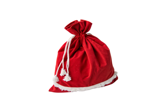 Simple drawstring red velvet sack with white trim and rope, festive and classic Christmas design, isolated on a transparent background