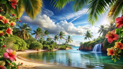 Fototapeta premium Serene Tropical Cove with Cascading Waterfall, Lush Palm Trees, and Vibrant Hibiscus Flowers