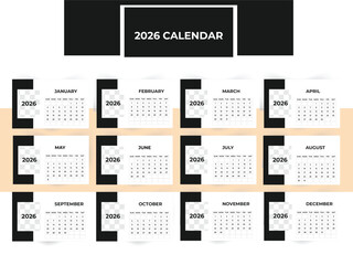2026 desk calendar design, Monthly calendar template for 2026 year. Diary planner in a minimalist style. Week Starts on Monday.