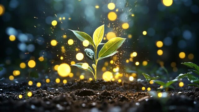 Germinating seedling with glowing particles embodies growth and vitality