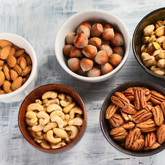 Different kinds of nuts in a bowls.